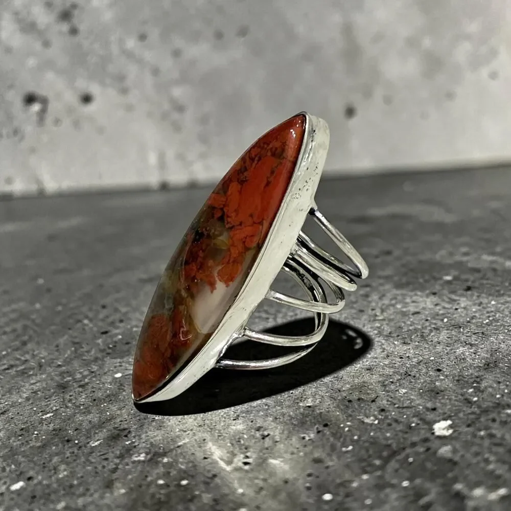 Marquise Red Jasper Ring 925 Silver Plated Boho Statement Ring Size 8